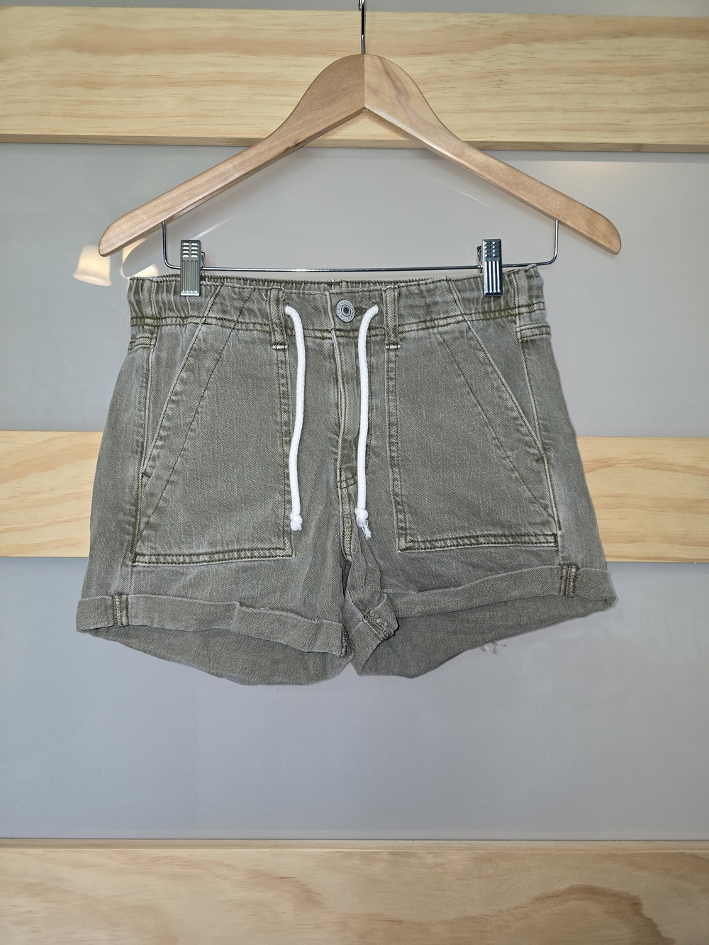 American Eagle Outfitters Olive Drawstring Patch-Pocket Jean Shorts